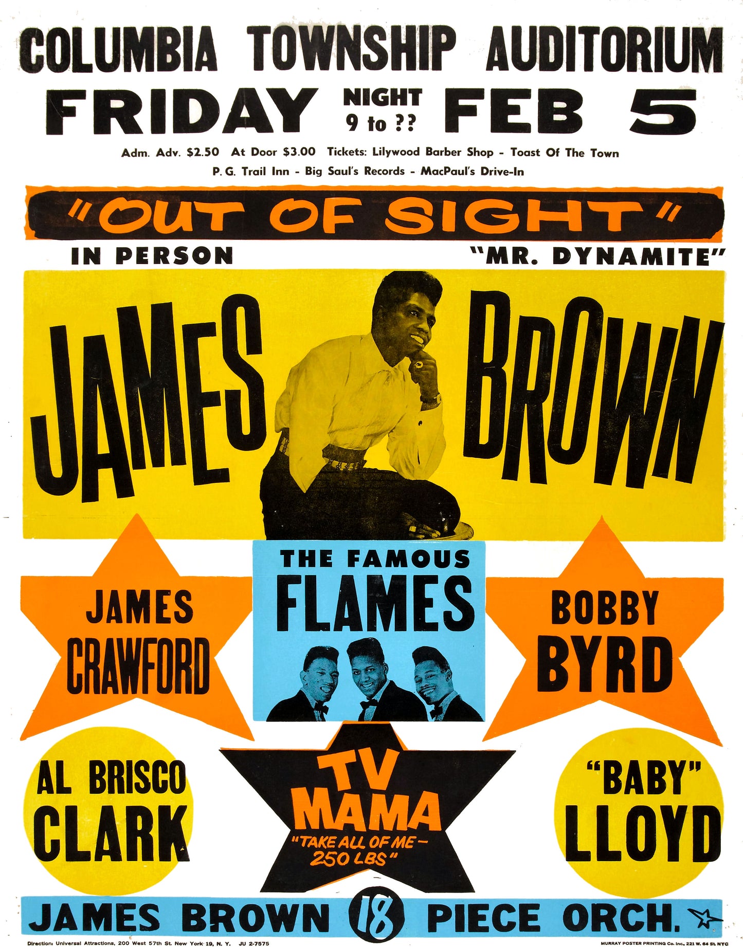 James Brown at the Columbia Township Auditorium concert poster