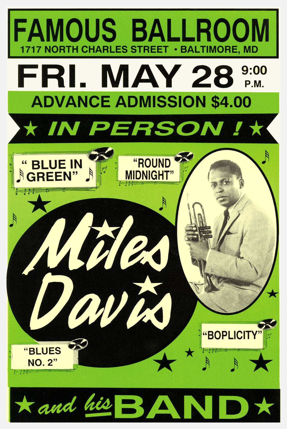 Miles Davis at the Famous Ballroom in Baltimore Concert poster