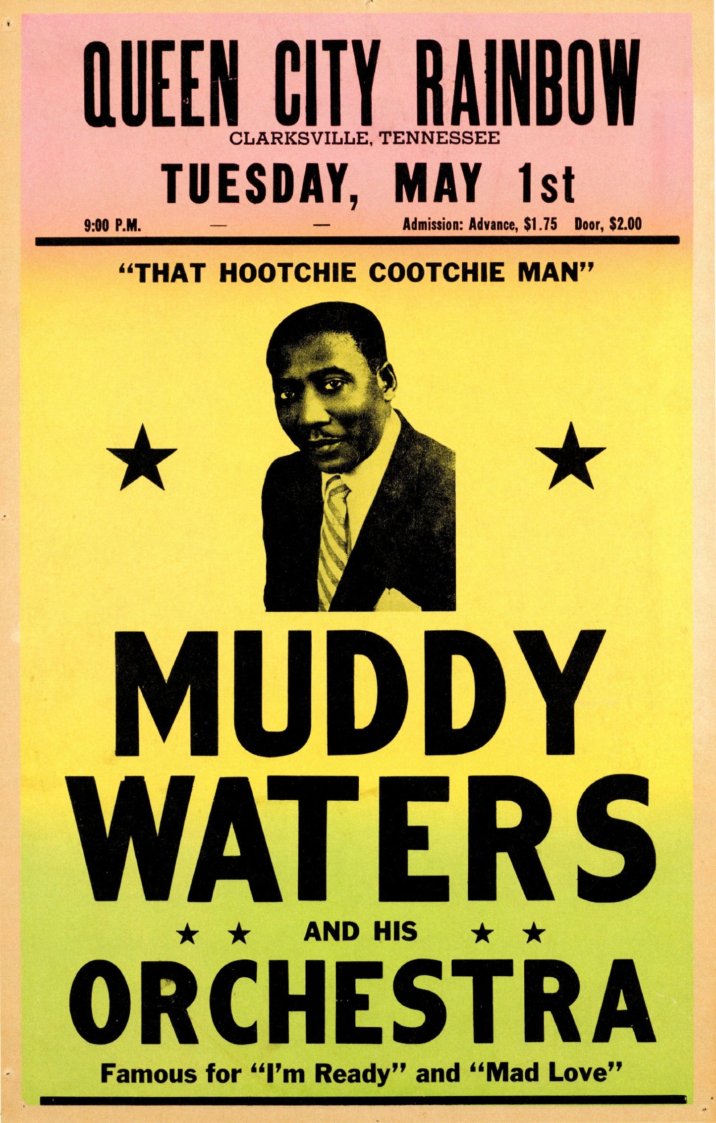 Muddy Waters at the Queen City Rainbow in Clarksville Tennessee Concert poster